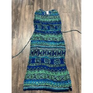 VTG Madison Leigh Blue Green Geometric¹ Tribal Print Sleeveless Maxi Dress 6